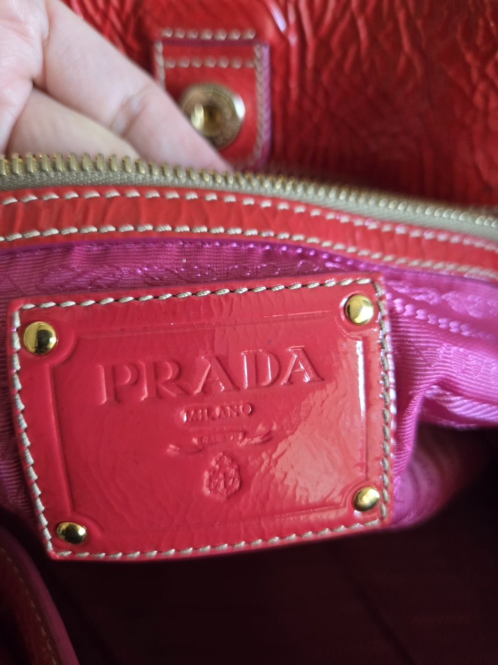 Prada Pink-Red Leather Shoulder Satchel with Gold Hardware - Picture 10 of 11